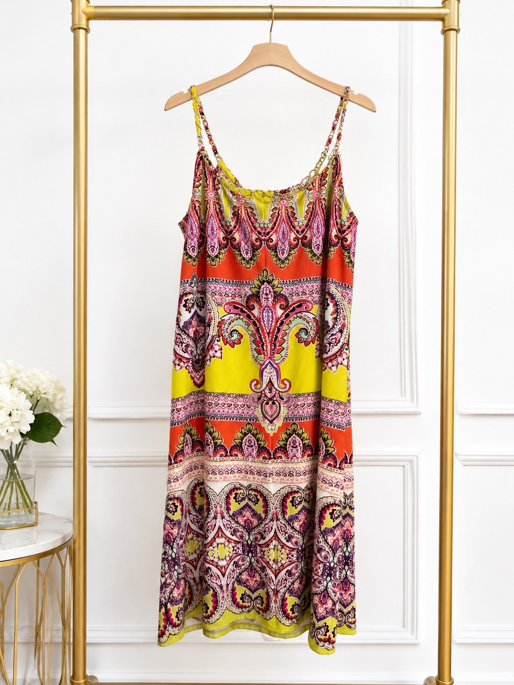 Paisley Print Spaghetti Strap Midi Dress in Yellow & Orange